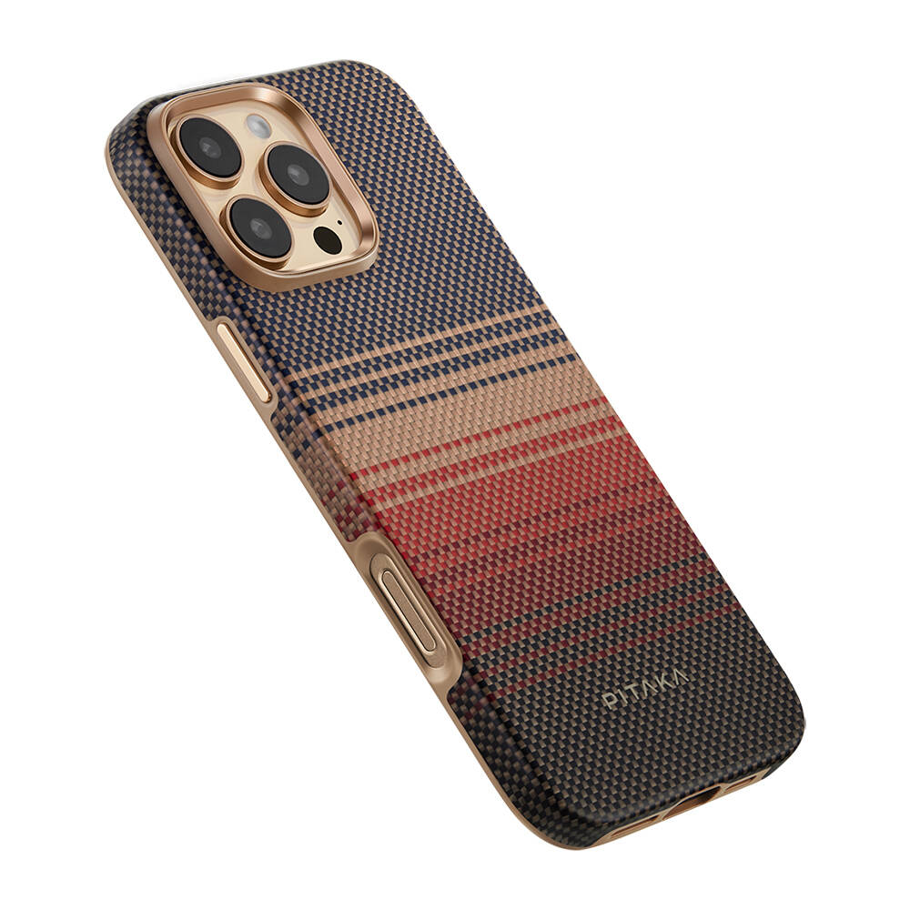 Apple iPhone 16 Pro Max Kılıf M-safe Şarj Özellikli Aramid Karbon Fiber Pitaka Military-Grade Sunset-Moonrise Serisi Sunset Kapak - 4