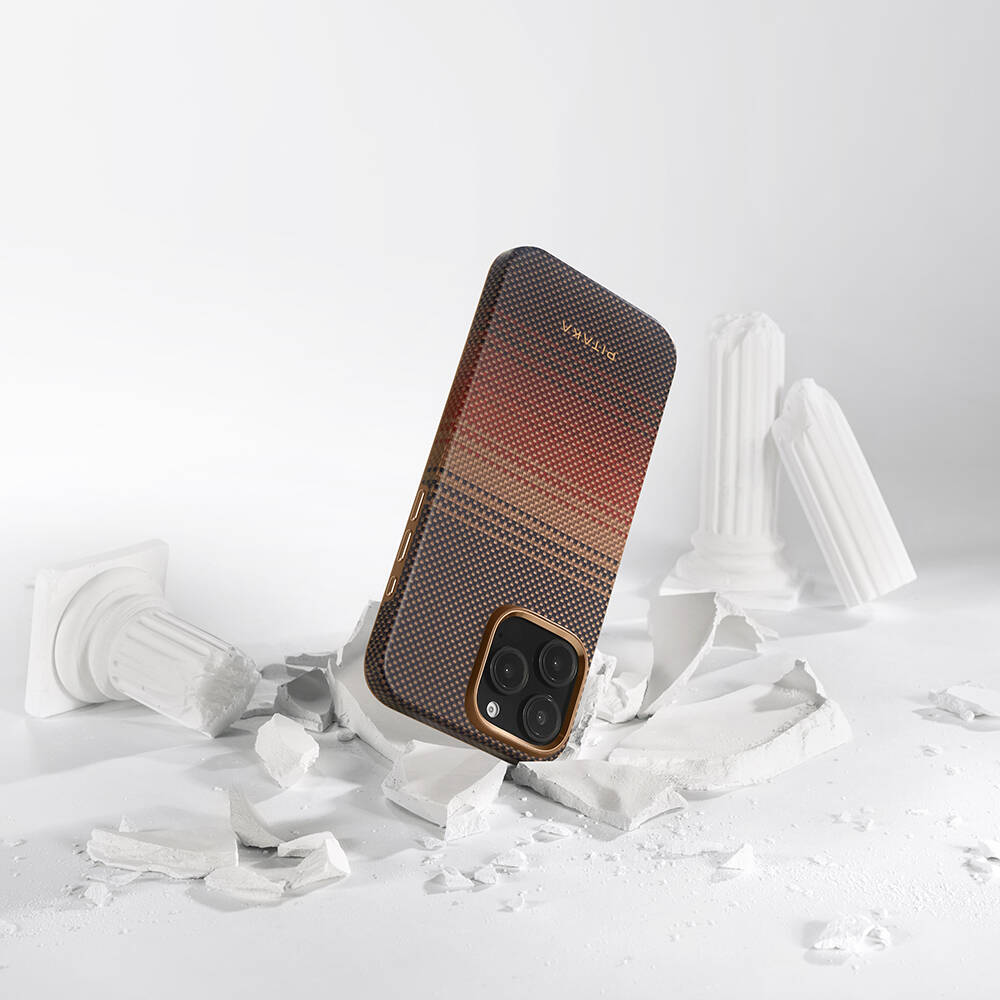 Apple iPhone 16 Pro Max Kılıf M-safe Şarj Özellikli Aramid Karbon Fiber Pitaka Military-Grade Sunset-Moonrise Serisi Sunset Kapak - 11