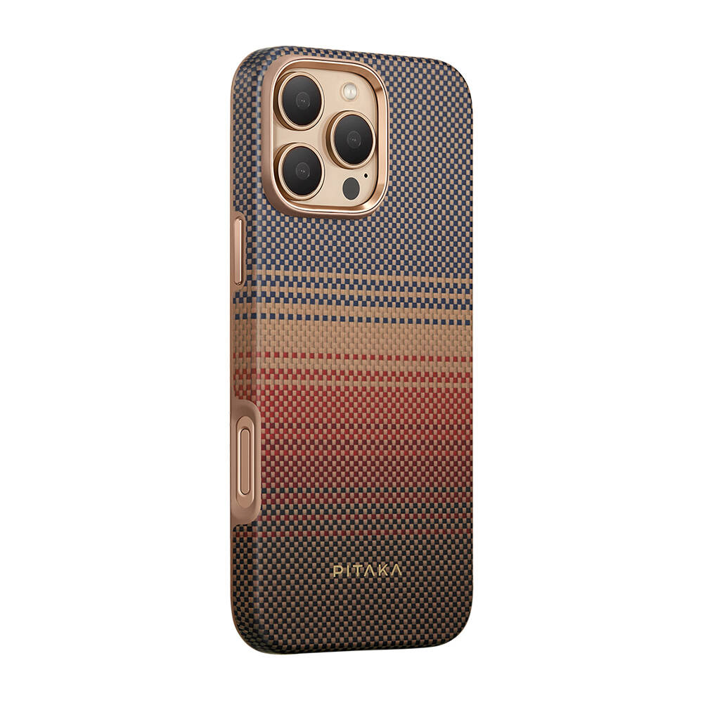 Apple iPhone 16 Pro Max Kılıf M-safe Şarj Özellikli Aramid Karbon Fiber Pitaka Military-Grade Sunset-Moonrise Serisi Sunset Kapak - 1