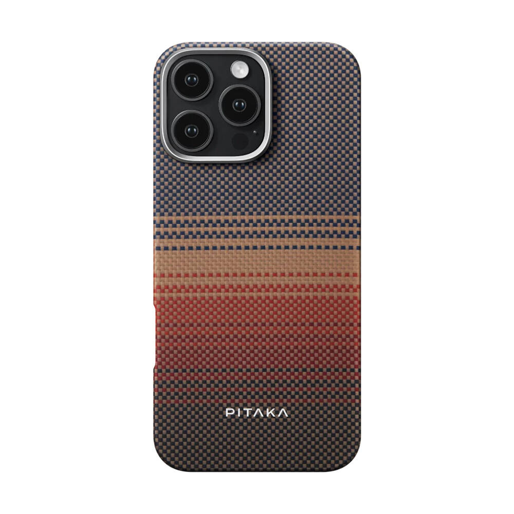 Apple iPhone 16 Pro Max Kılıf M-safe Şarj Özellikli Aramid Karbon Fiber Pitaka Tactile Woven Sunset-Moonrise Serisi Sunset Kapak - 2