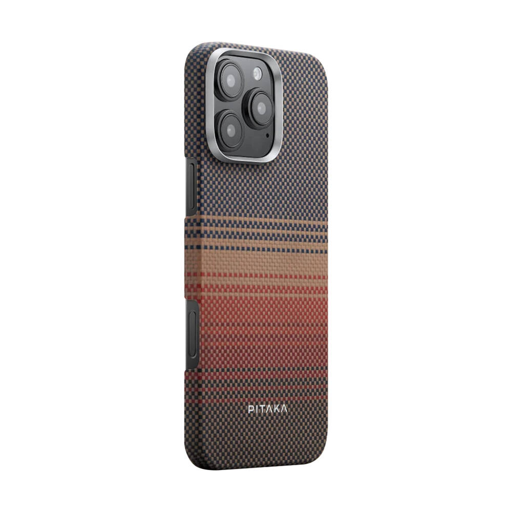 Apple iPhone 16 Pro Max Kılıf M-safe Şarj Özellikli Aramid Karbon Fiber Pitaka Tactile Woven Sunset-Moonrise Serisi Sunset Kapak - 3