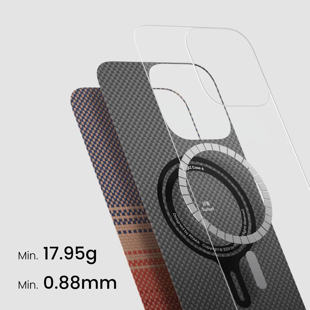 Apple iPhone 16 Pro Max Kılıf M-safe Şarj Özellikli Aramid Karbon Fiber Pitaka Tactile Woven Sunset-Moonrise Serisi Sunset Kapak - 5
