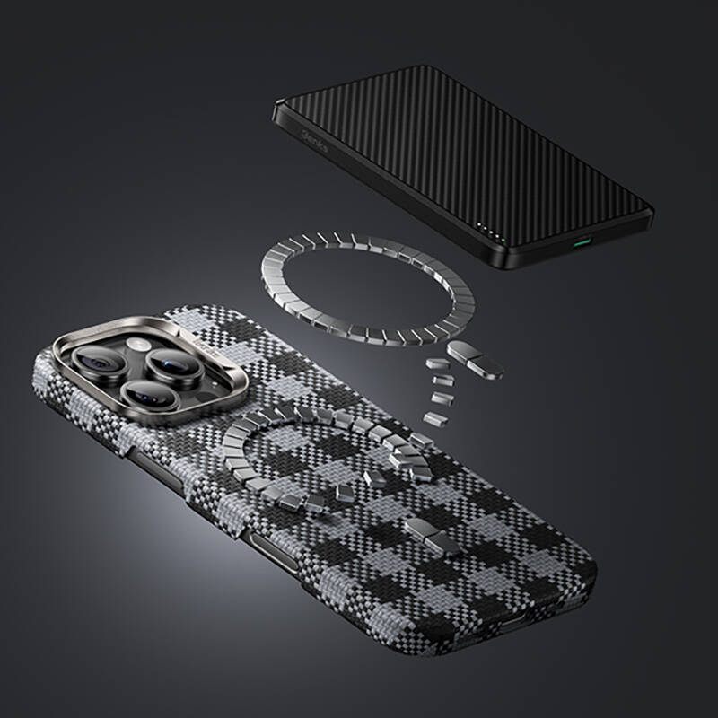 Apple iPhone 16 Pro Max Kılıf M-safe Şarj Özellikli Ekose Tasarımlı Benks ArmorVichy Kevlar Karbon Kapak - 13