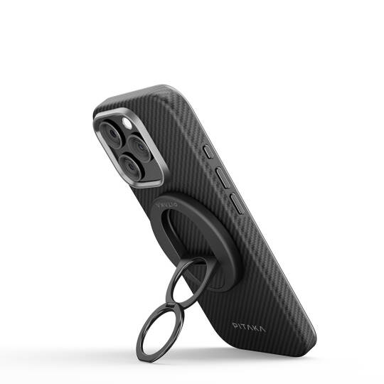 Apple iPhone 16 Pro Max Kılıf M-safe Şarj Özellikli Grip 3 Standlı Aramid Karbon Fiber Pitaka Military Grade Classic Serisi Black-Grey Twill Kapak - 4