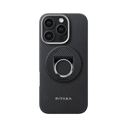 Apple iPhone 16 Pro Max Kılıf M-safe Şarj Özellikli Grip 3 Standlı Aramid Karbon Fiber Pitaka Military Grade Classic Serisi Black-Grey Twill Kapak