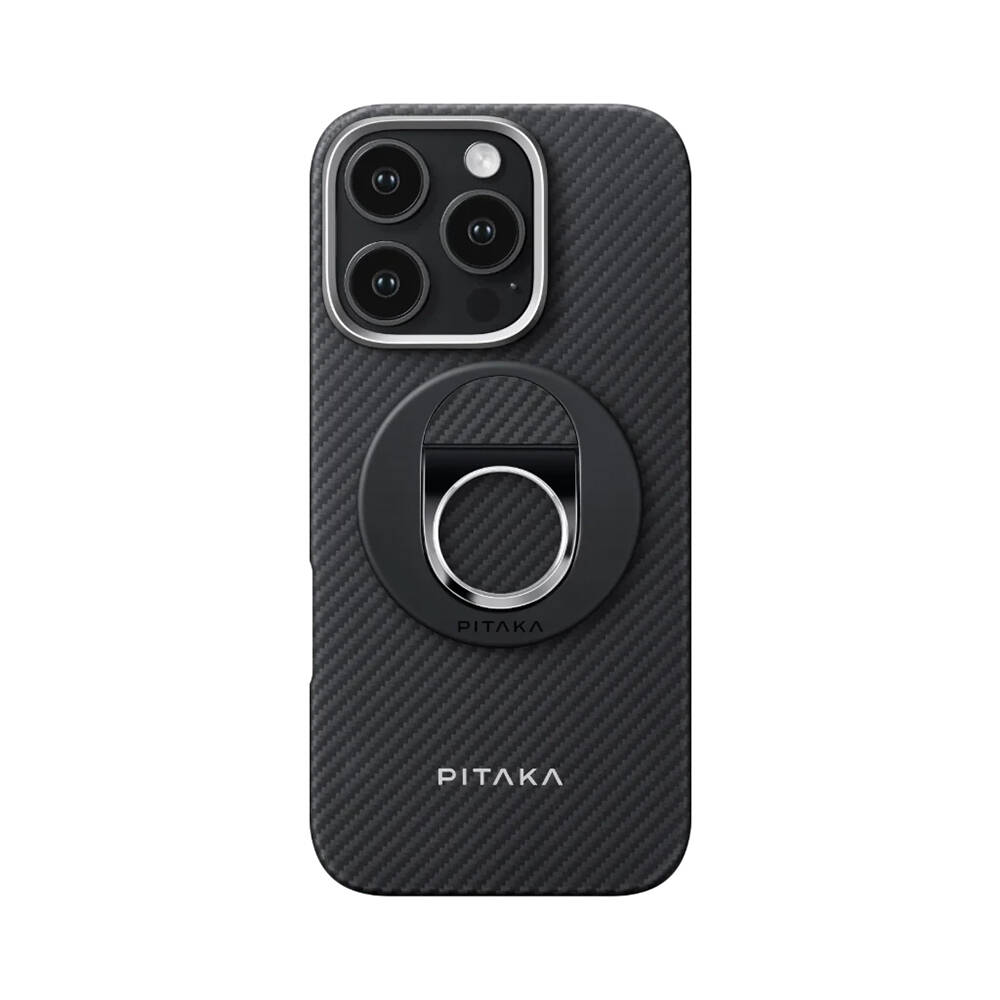 Apple iPhone 16 Pro Max Kılıf M-safe Şarj Özellikli Grip 3 Standlı Aramid Karbon Fiber Pitaka Military Grade Classic Serisi Black-Grey Twill Kapak - 1