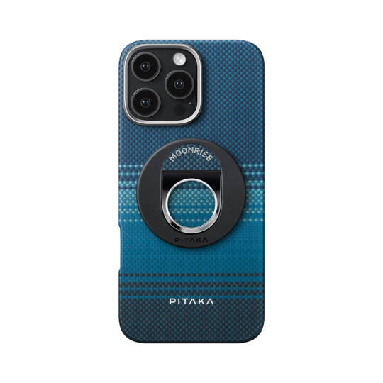 Apple iPhone 16 Pro Max Kılıf M-safe Şarj Özellikli Grip 3 Standlı Aramid Karbon Fiber Pitaka Tactile Woven Sunset-Moonrise Serisi Moonrise Kapak - 1
