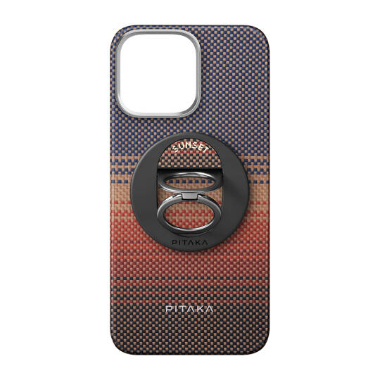 Apple iPhone 16 Pro Max Kılıf M-safe Şarj Özellikli Grip 3 Standlı Aramid Karbon Fiber Pitaka Tactile Woven Sunset-Moonrise Serisi Sunset Kapak - 4