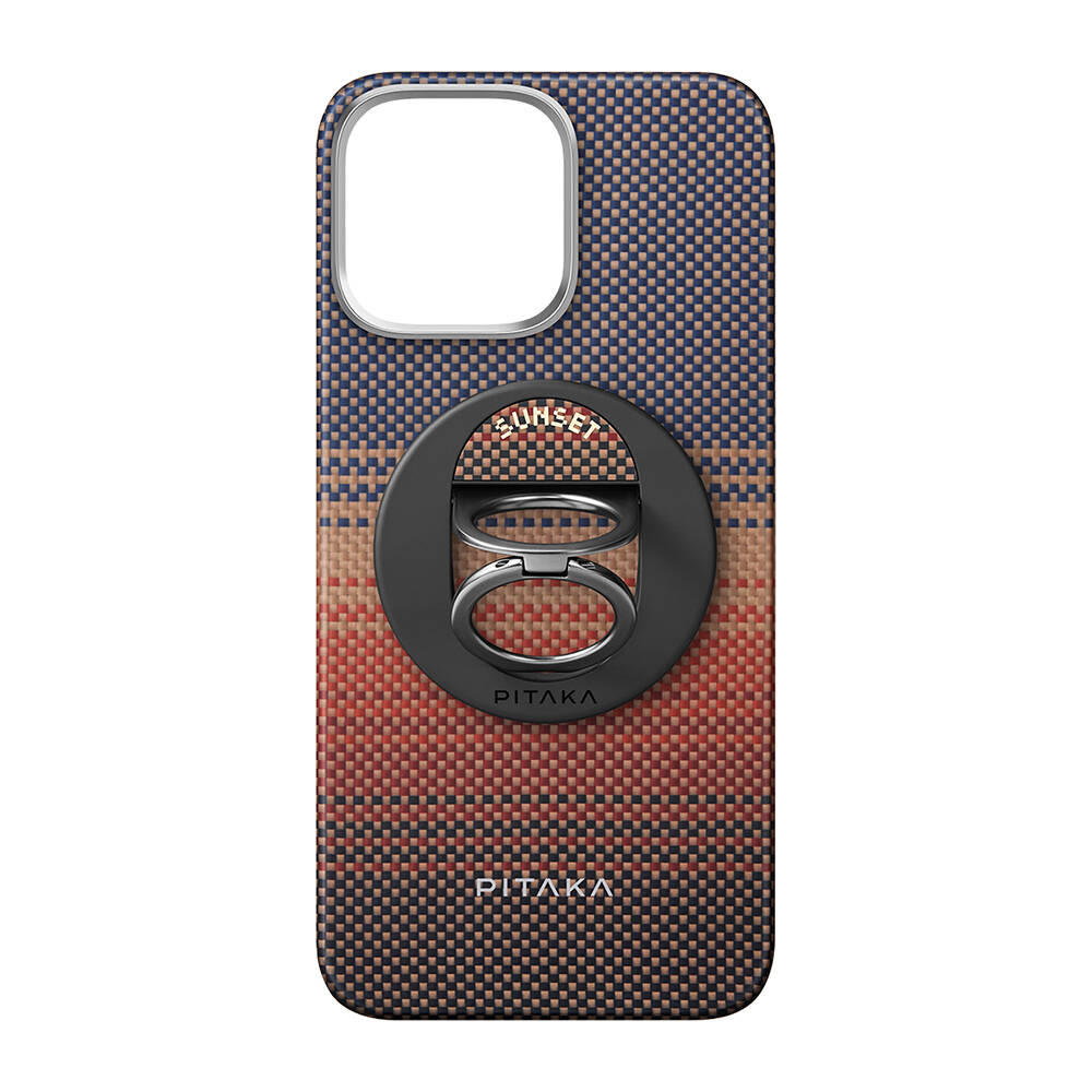 Apple iPhone 16 Pro Max Kılıf M-safe Şarj Özellikli Grip 3 Standlı Aramid Karbon Fiber Pitaka Tactile Woven Sunset-Moonrise Serisi Sunset Kapak - 4
