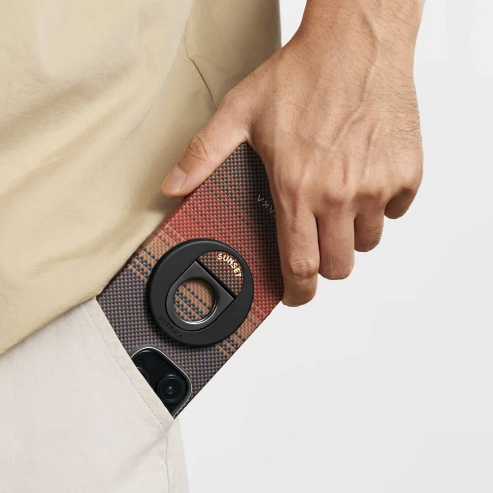 Apple iPhone 16 Pro Max Kılıf M-safe Şarj Özellikli Grip 3 Standlı Aramid Karbon Fiber Pitaka Tactile Woven Sunset-Moonrise Serisi Sunset Kapak - 8
