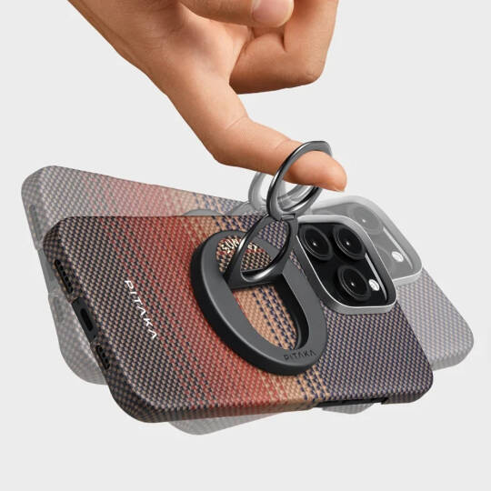 Apple iPhone 16 Pro Max Kılıf M-safe Şarj Özellikli Grip 3 Standlı Aramid Karbon Fiber Pitaka Tactile Woven Sunset-Moonrise Serisi Sunset Kapak - 9
