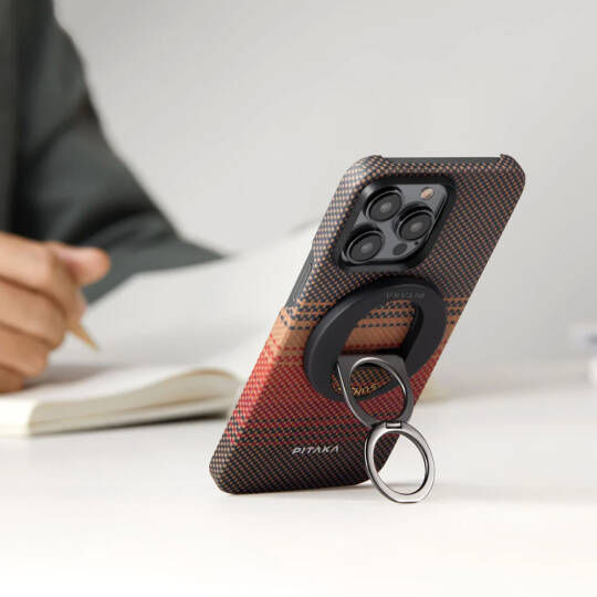 Apple iPhone 16 Pro Max Kılıf M-safe Şarj Özellikli Grip 3 Standlı Aramid Karbon Fiber Pitaka Tactile Woven Sunset-Moonrise Serisi Sunset Kapak - 13