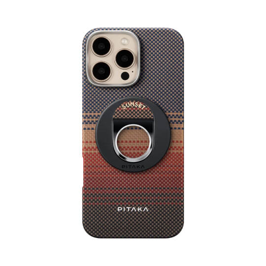 Apple iPhone 16 Pro Max Kılıf M-safe Şarj Özellikli Grip 3 Standlı Aramid Karbon Fiber Pitaka Tactile Woven Sunset-Moonrise Serisi Sunset Kapak