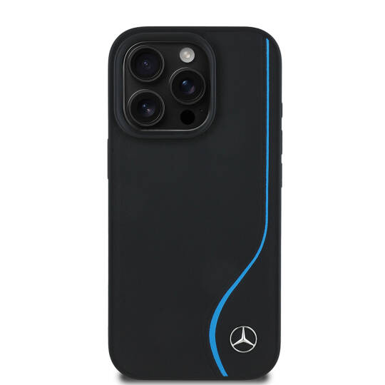 Apple iPhone 16 Pro Max Kılıf Mercedes Benz Orjinal Lisanslı M-safe Şarj Özellikli 3D Metal Logolu Mavi Dikey Eğri Çizgili Deri Kapak - 2
