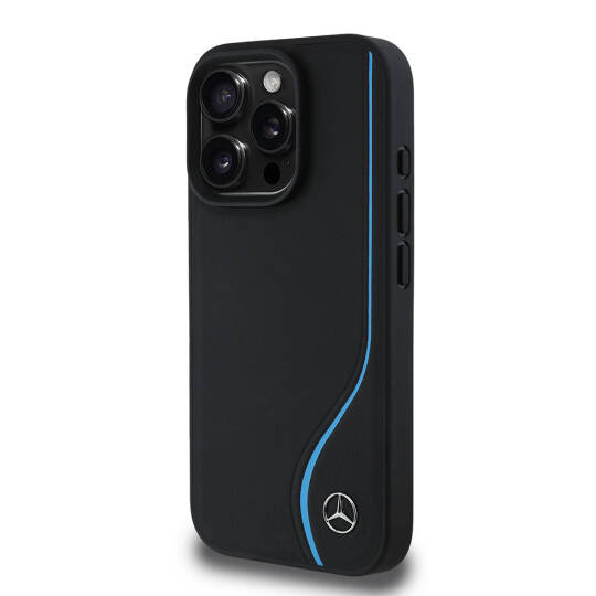 Apple iPhone 16 Pro Max Kılıf Mercedes Benz Orjinal Lisanslı M-safe Şarj Özellikli 3D Metal Logolu Mavi Dikey Eğri Çizgili Deri Kapak - 3