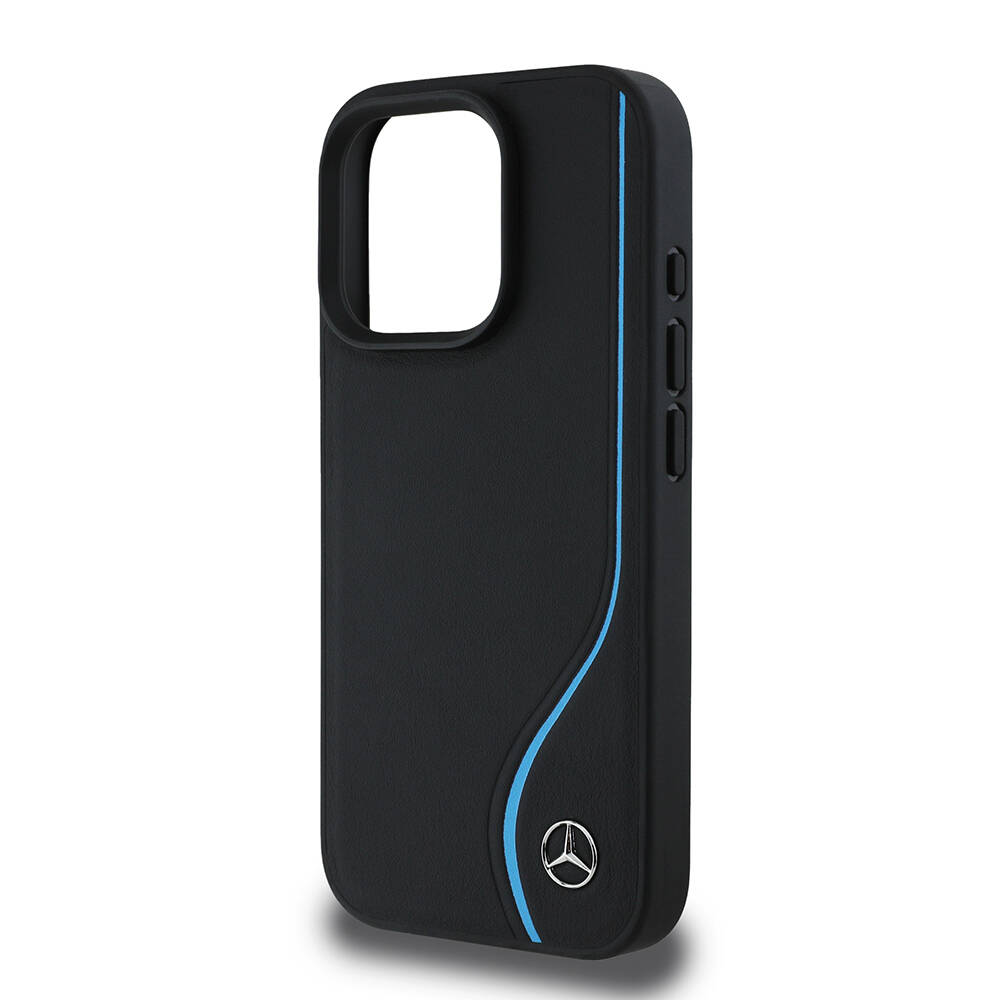 Apple iPhone 16 Pro Max Kılıf Mercedes Benz Orjinal Lisanslı M-safe Şarj Özellikli 3D Metal Logolu Mavi Dikey Eğri Çizgili Deri Kapak - 5