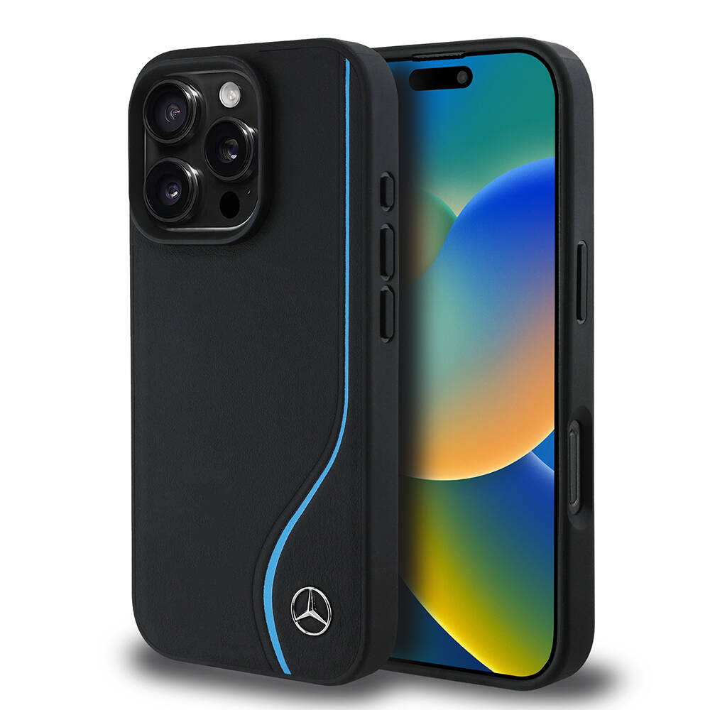 Apple iPhone 16 Pro Max Kılıf Mercedes Benz Orjinal Lisanslı M-safe Şarj Özellikli 3D Metal Logolu Mavi Dikey Eğri Çizgili Deri Kapak - 8