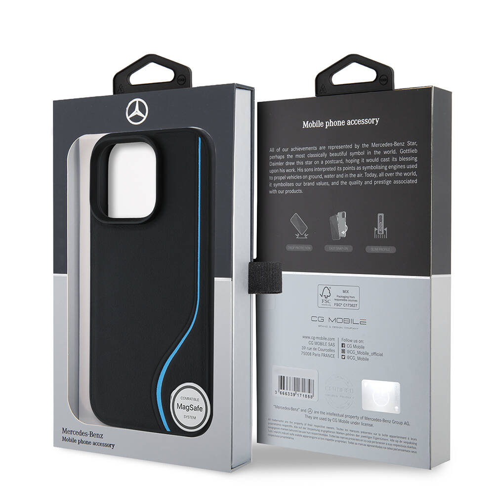 Apple iPhone 16 Pro Max Kılıf Mercedes Benz Orjinal Lisanslı M-safe Şarj Özellikli 3D Metal Logolu Mavi Dikey Eğri Çizgili Deri Kapak - 9