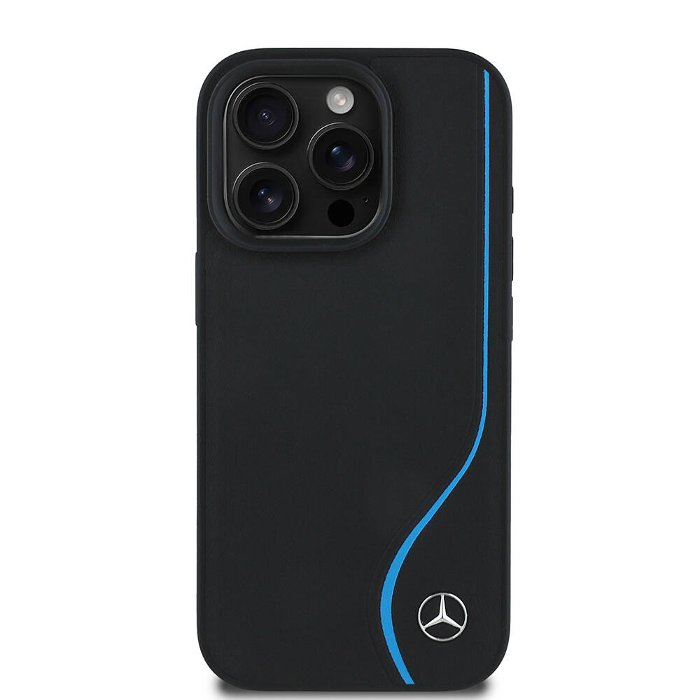 Apple iPhone 16 Pro Max Kılıf Mercedes Benz Orjinal Lisanslı M-safe Şarj Özellikli 3D Metal Logolu Mavi Dikey Eğri Çizgili Deri Kapak - 1