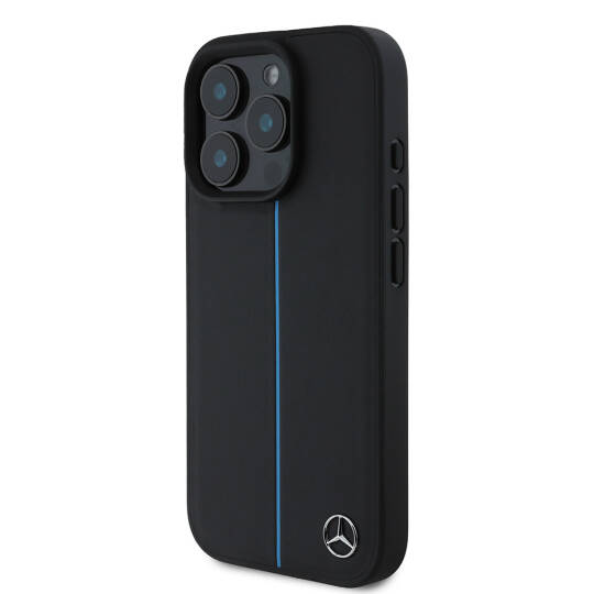Apple iPhone 16 Pro Max Kılıf Mercedes Benz Orjinal Lisanslı M-safe Şarj Özellikli Metal Yıldız Logolu Mavi Çizgili Deri Kapak - 3