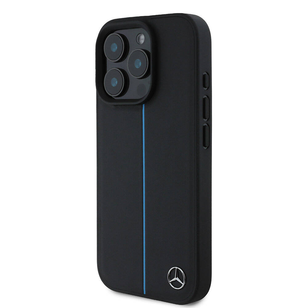 Apple iPhone 16 Pro Max Kılıf Mercedes Benz Orjinal Lisanslı M-safe Şarj Özellikli Metal Yıldız Logolu Mavi Çizgili Deri Kapak - 3