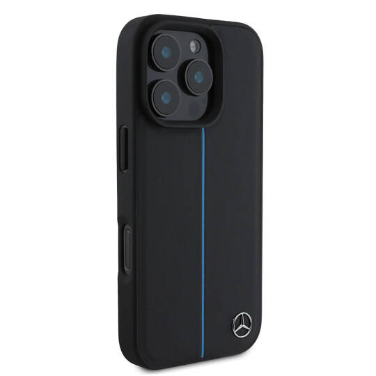 Apple iPhone 16 Pro Max Kılıf Mercedes Benz Orjinal Lisanslı M-safe Şarj Özellikli Metal Yıldız Logolu Mavi Çizgili Deri Kapak - 5