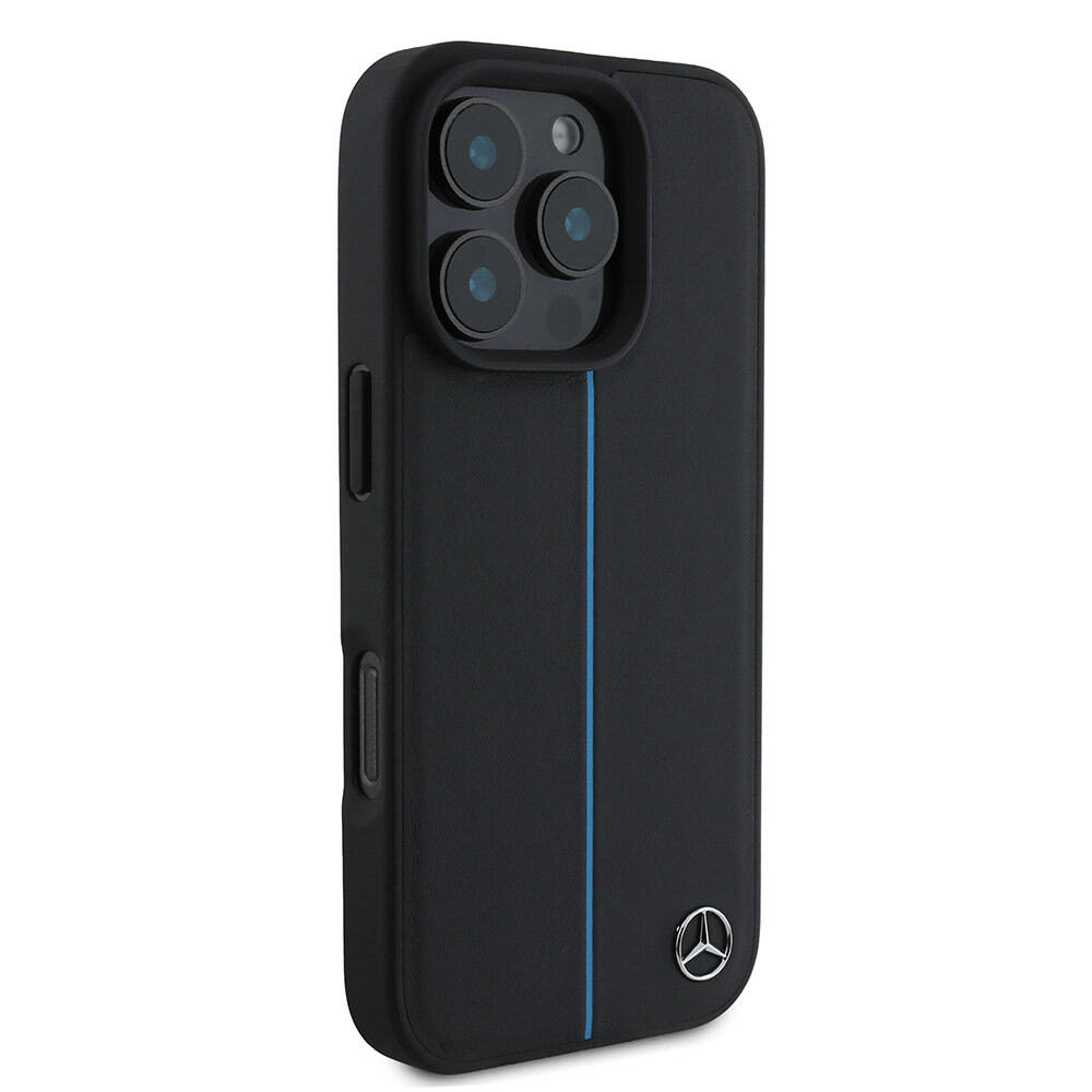 Apple iPhone 16 Pro Max Kılıf Mercedes Benz Orjinal Lisanslı M-safe Şarj Özellikli Metal Yıldız Logolu Mavi Çizgili Deri Kapak - 5
