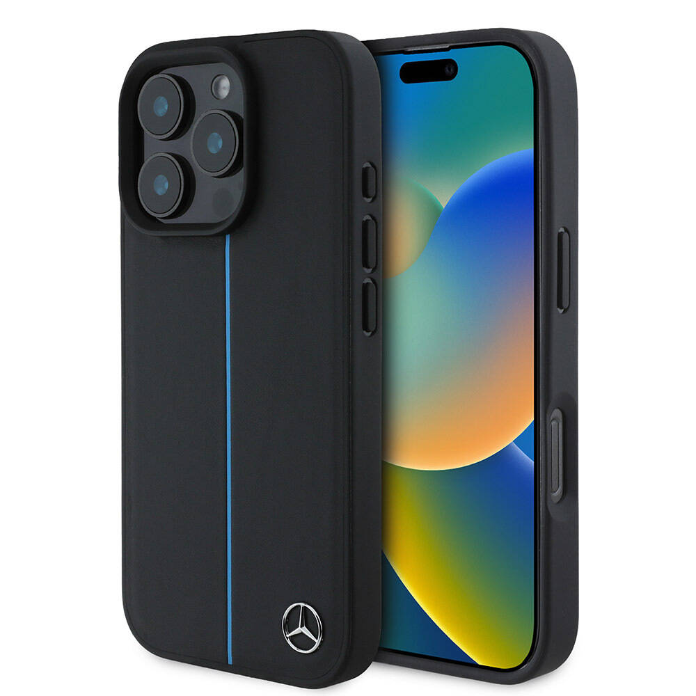 Apple iPhone 16 Pro Max Kılıf Mercedes Benz Orjinal Lisanslı M-safe Şarj Özellikli Metal Yıldız Logolu Mavi Çizgili Deri Kapak - 1