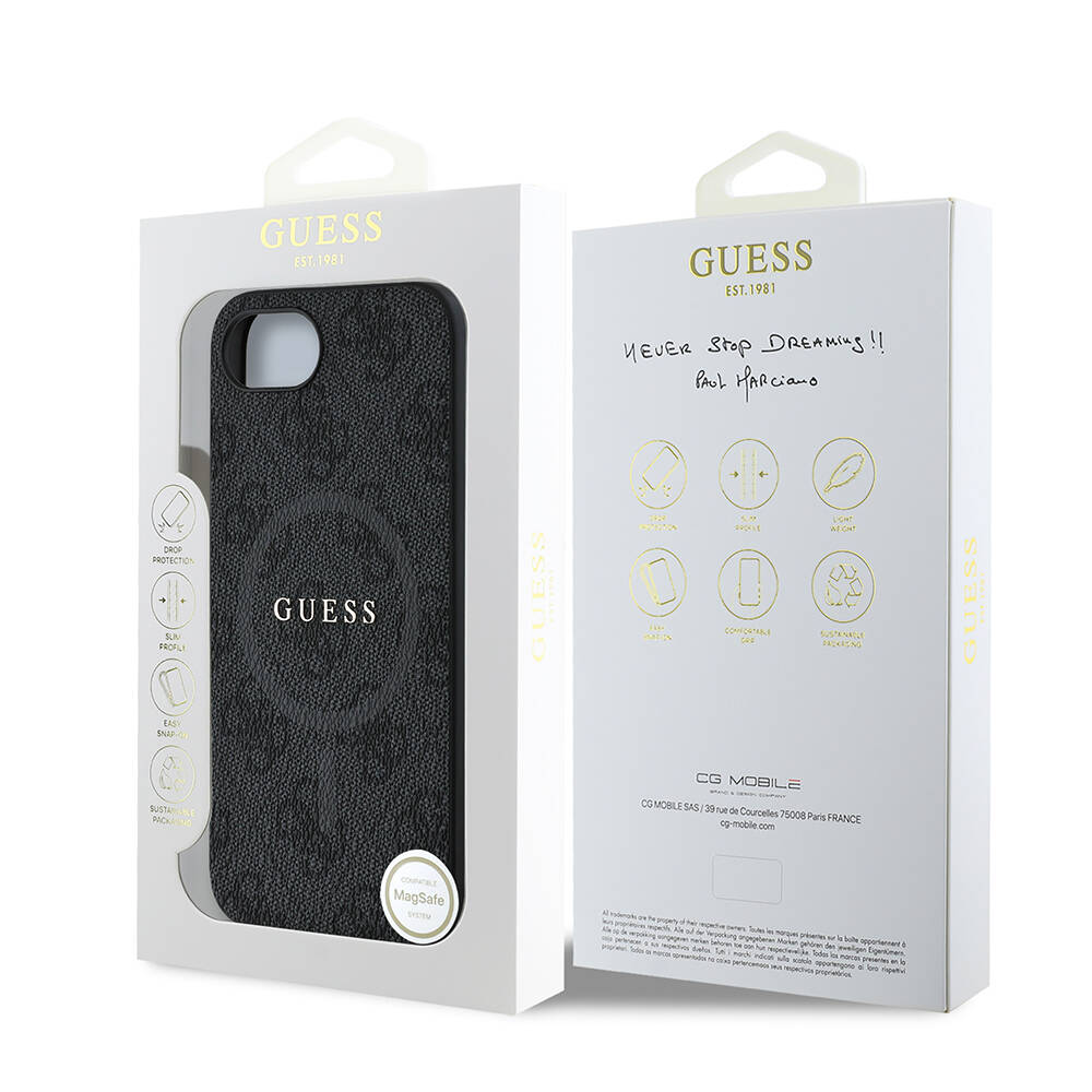 Apple iPhone 16E Kılıf Guess Orjinal Lisanslı M-safe Şarj Özellikli PU Halkalı 4G Desenli Yazı Logolu Kapak - 10