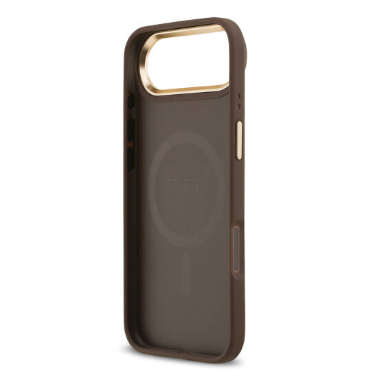 Apple iPhone 17 Air Kılıf Guess Orjinal Lisanslı M-safe Şarj Özellikli Gold Metal Kamera Çerçeveli PU Deri 4G Desenli Yazı Logolu Kapak - 9