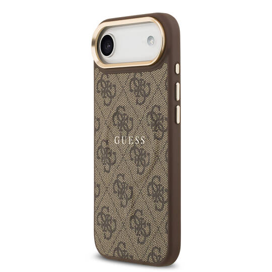 Apple iPhone 17 Air Kılıf Guess Orjinal Lisanslı M-safe Şarj Özellikli Gold Metal Kamera Çerçeveli PU Deri 4G Desenli Yazı Logolu Kapak - 10