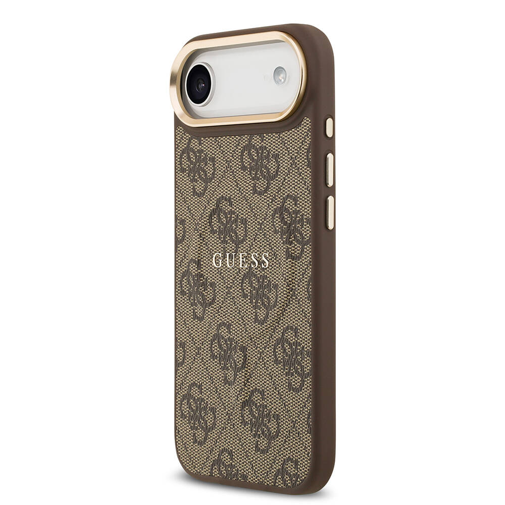 Apple iPhone 17 Air Kılıf Guess Orjinal Lisanslı M-safe Şarj Özellikli Gold Metal Kamera Çerçeveli PU Deri 4G Desenli Yazı Logolu Kapak - 10