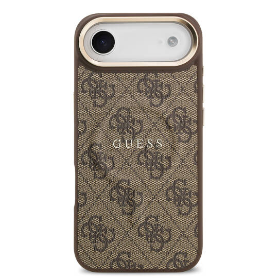 Apple iPhone 17 Air Kılıf Guess Orjinal Lisanslı M-safe Şarj Özellikli Gold Metal Kamera Çerçeveli PU Deri 4G Desenli Yazı Logolu Kapak - 11