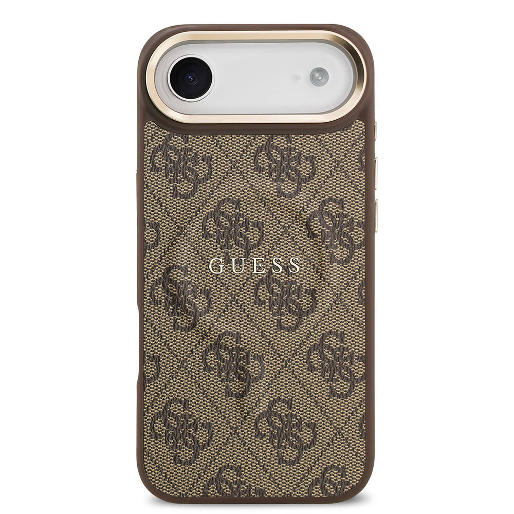 Apple iPhone 17 Air Kılıf Guess Orjinal Lisanslı M-safe Şarj Özellikli Gold Metal Kamera Çerçeveli PU Deri 4G Desenli Yazı Logolu Kapak - 11
