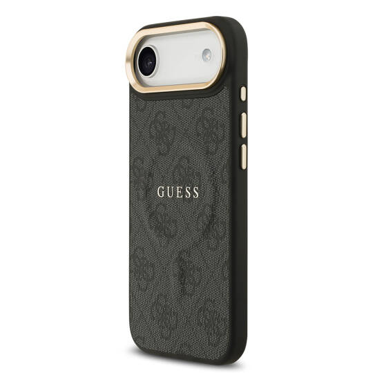 Apple iPhone 17 Air Kılıf Guess Orjinal Lisanslı M-safe Şarj Özellikli Gold Metal Kamera Çerçeveli PU Deri 4G Desenli Yazı Logolu Kapak - 12