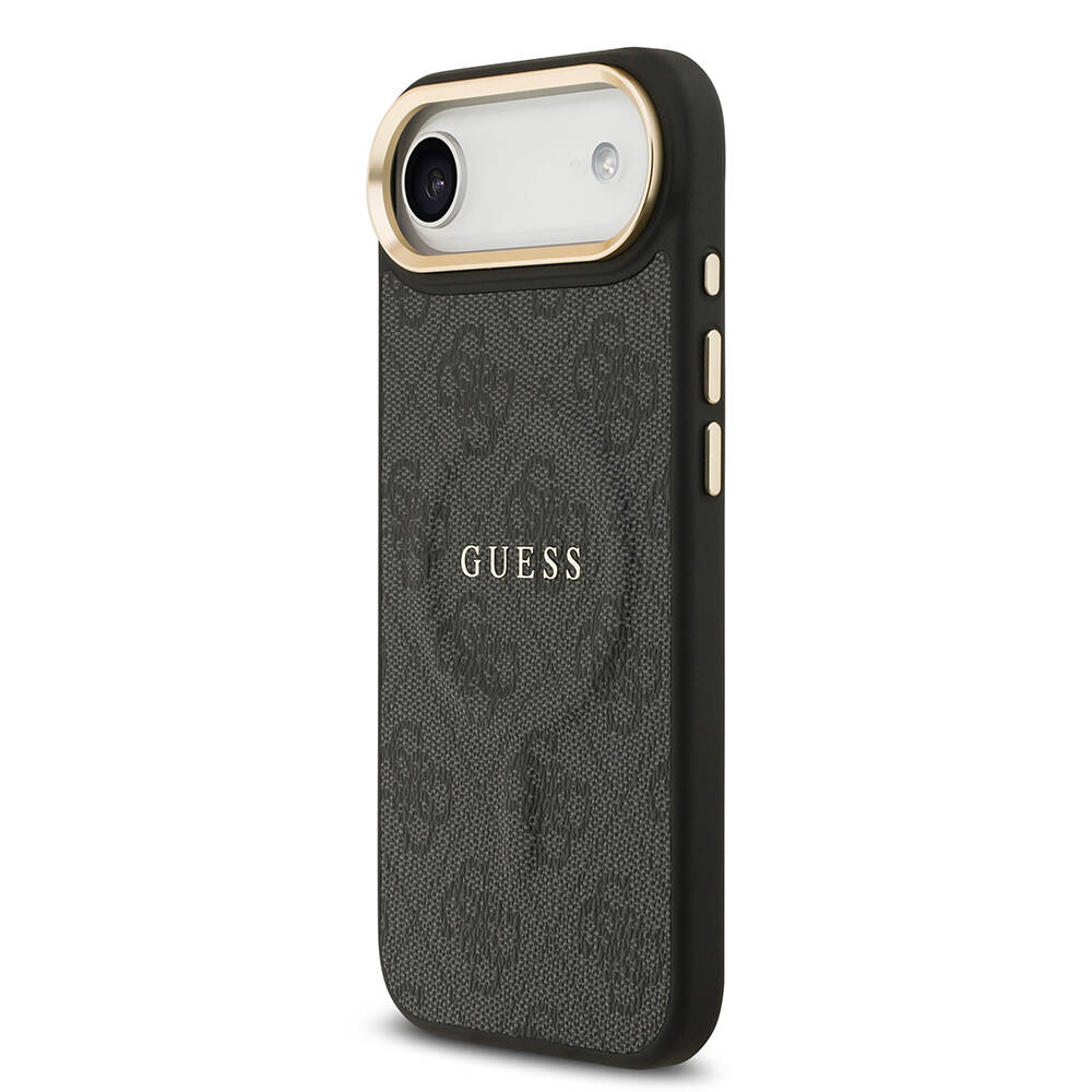 Apple iPhone 17 Air Kılıf Guess Orjinal Lisanslı M-safe Şarj Özellikli Gold Metal Kamera Çerçeveli PU Deri 4G Desenli Yazı Logolu Kapak - 12