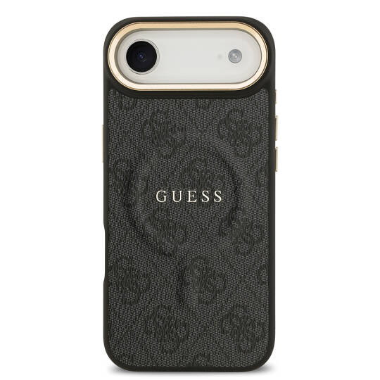 Apple iPhone 17 Air Kılıf Guess Orjinal Lisanslı M-safe Şarj Özellikli Gold Metal Kamera Çerçeveli PU Deri 4G Desenli Yazı Logolu Kapak - 13