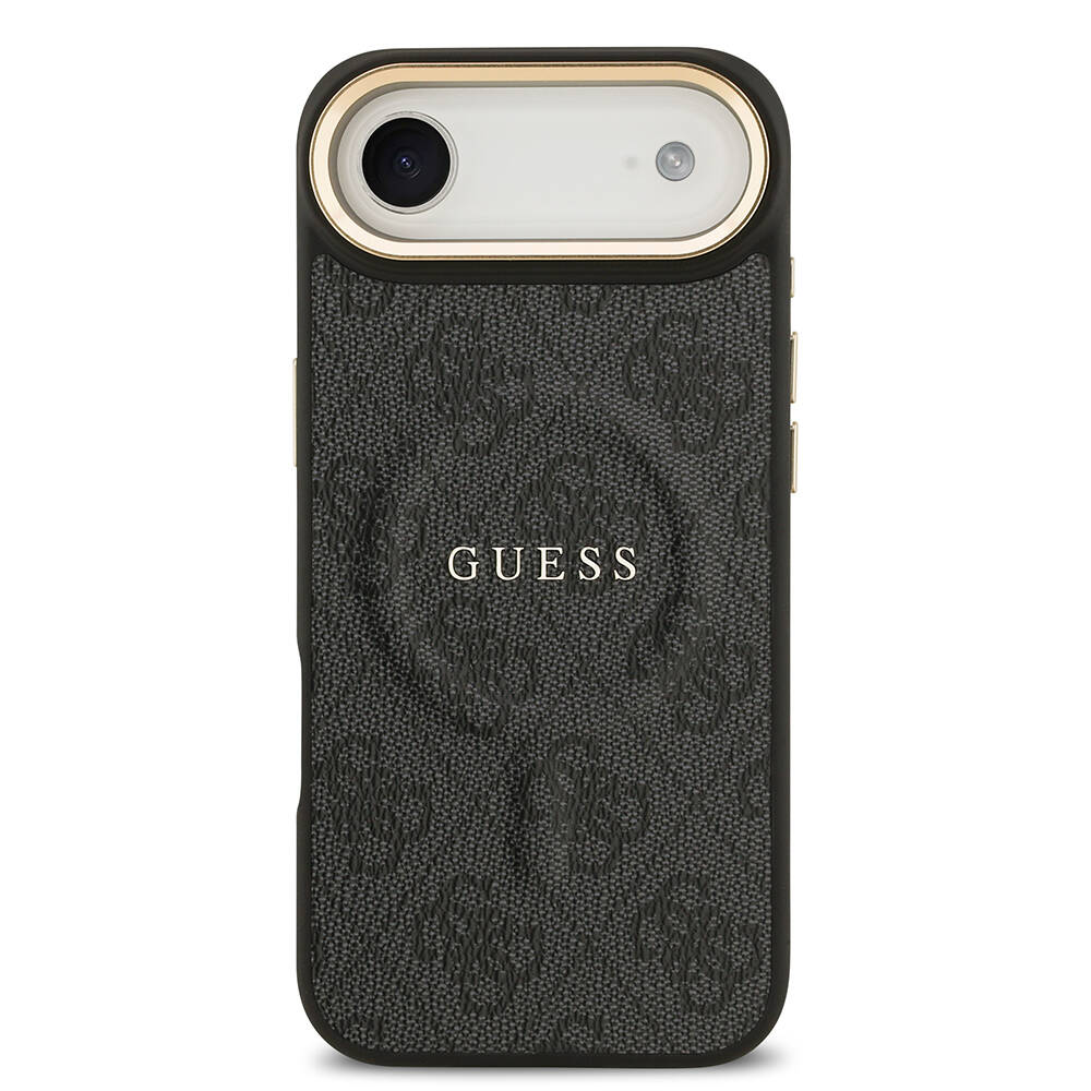 Apple iPhone 17 Air Kılıf Guess Orjinal Lisanslı M-safe Şarj Özellikli Gold Metal Kamera Çerçeveli PU Deri 4G Desenli Yazı Logolu Kapak - 13