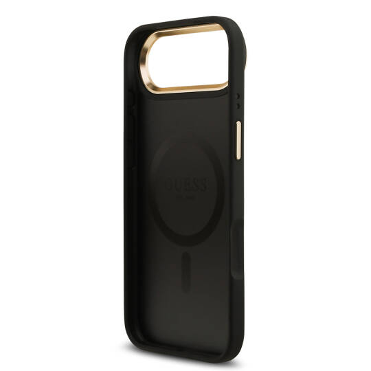 Apple iPhone 17 Air Kılıf Guess Orjinal Lisanslı M-safe Şarj Özellikli Gold Metal Kamera Çerçeveli PU Deri 4G Desenli Yazı Logolu Kapak - 17