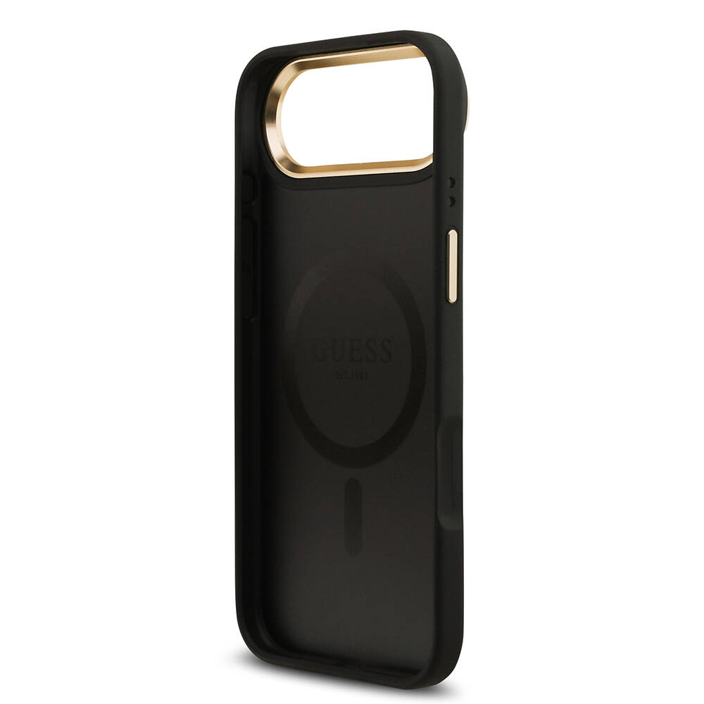 Apple iPhone 17 Air Kılıf Guess Orjinal Lisanslı M-safe Şarj Özellikli Gold Metal Kamera Çerçeveli PU Deri 4G Desenli Yazı Logolu Kapak - 17