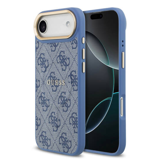 Apple iPhone 17 Air Kılıf Guess Orjinal Lisanslı M-safe Şarj Özellikli Gold Metal Kamera Çerçeveli PU Deri 4G Desenli Yazı Logolu Kapak - 4