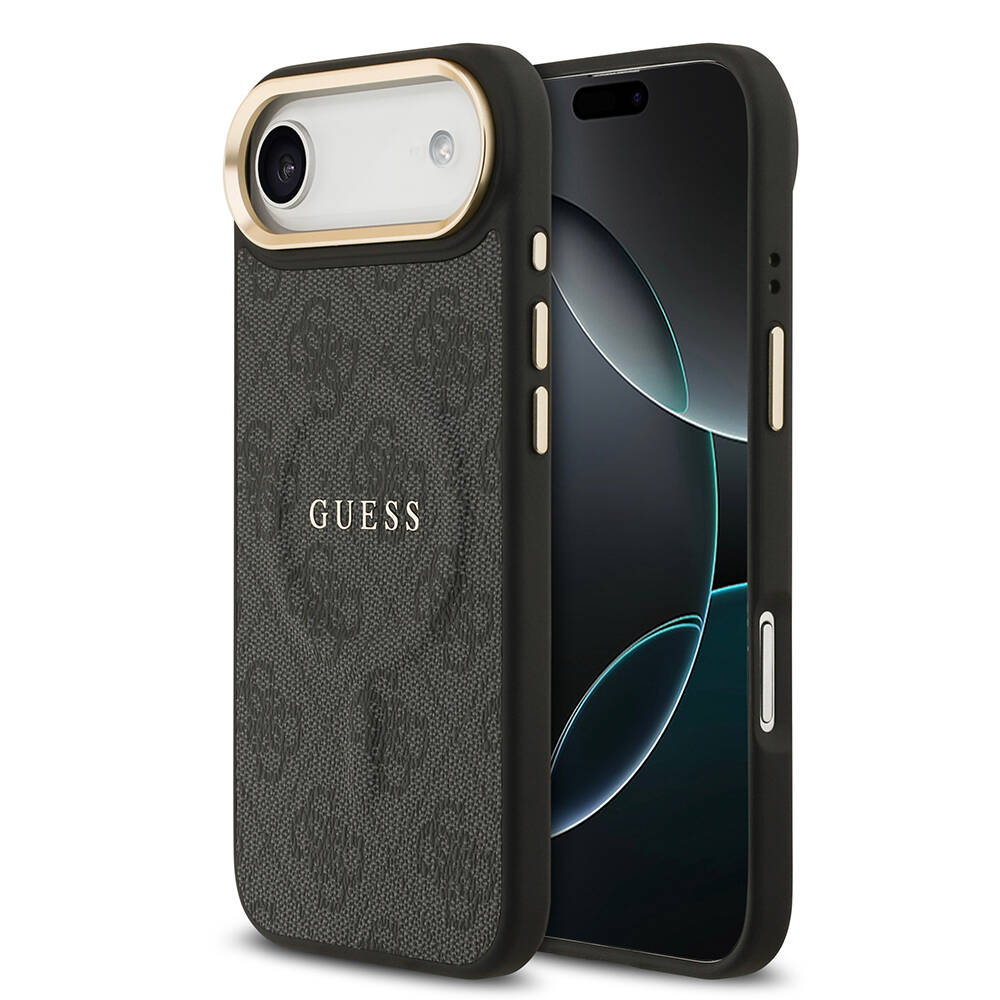 Apple iPhone 17 Air Kılıf Guess Orjinal Lisanslı M-safe Şarj Özellikli Gold Metal Kamera Çerçeveli PU Deri 4G Desenli Yazı Logolu Kapak - 3