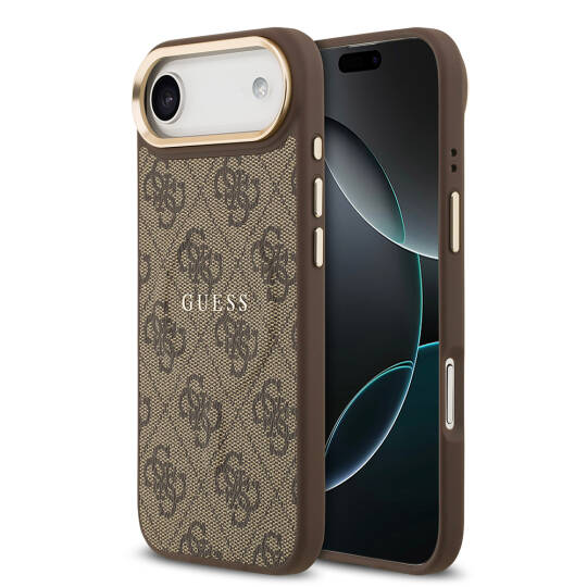 Apple iPhone 17 Air Kılıf Guess Orjinal Lisanslı M-safe Şarj Özellikli Gold Metal Kamera Çerçeveli PU Deri 4G Desenli Yazı Logolu Kapak - 2