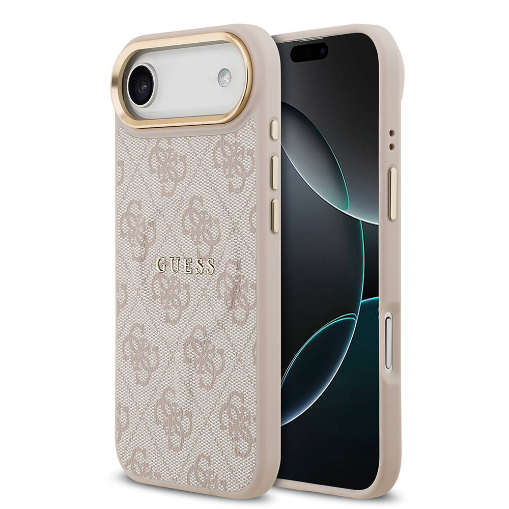 Apple iPhone 17 Air Kılıf Guess Orjinal Lisanslı M-safe Şarj Özellikli Gold Metal Kamera Çerçeveli PU Deri 4G Desenli Yazı Logolu Kapak - 1