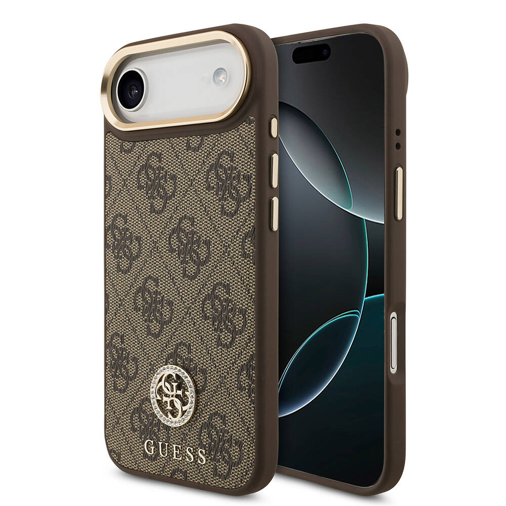 Apple iPhone 17 Air Kılıf Guess Orjinal Lisanslı M-safe Şarj Özellikli Gold Metal Kamera Çerçeveli Taşlı 4G Logolu Kapak - 4
