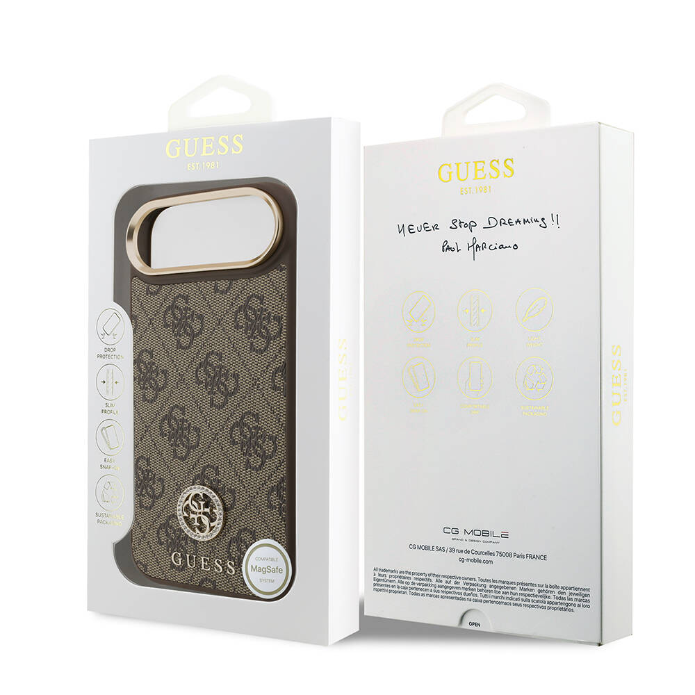 Apple iPhone 17 Air Kılıf Guess Orjinal Lisanslı M-safe Şarj Özellikli Gold Metal Kamera Çerçeveli Taşlı 4G Logolu Kapak - 17
