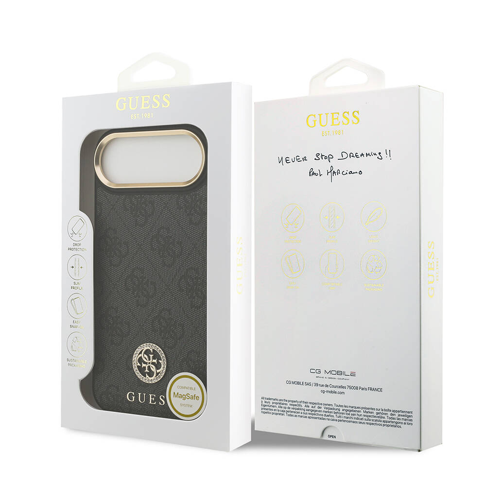 Apple iPhone 17 Air Kılıf Guess Orjinal Lisanslı M-safe Şarj Özellikli Gold Metal Kamera Çerçeveli Taşlı 4G Logolu Kapak - 18