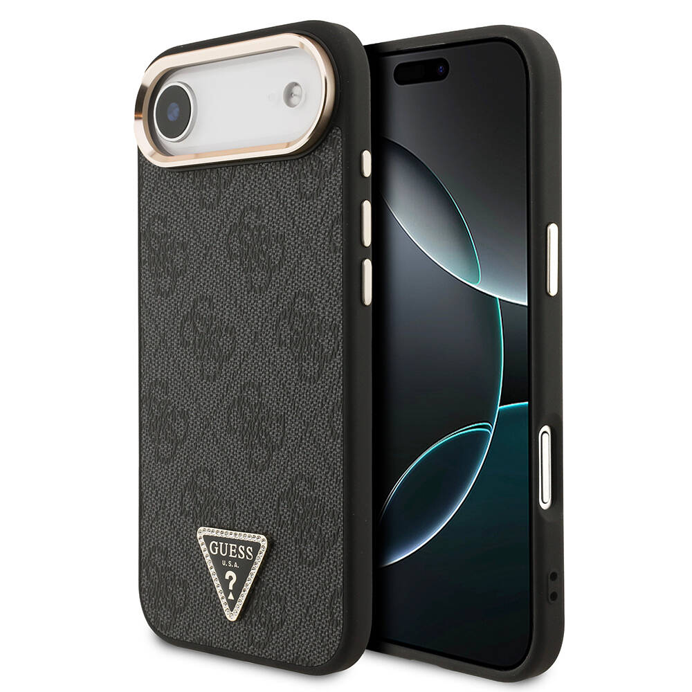 Apple iPhone 17 Air Kılıf Guess Orjinal Lisanslı M-safe Şarj Özellikli Gold Metal Kamera Çerçeveli Taşlı Üçgen Logo 4G Desenli Kapak - 4