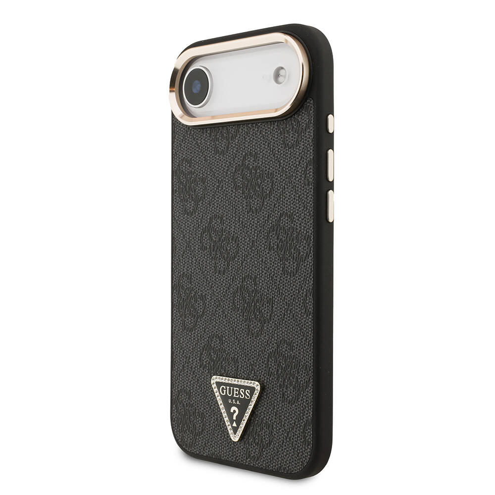 Apple iPhone 17 Air Kılıf Guess Orjinal Lisanslı M-safe Şarj Özellikli Gold Metal Kamera Çerçeveli Taşlı Üçgen Logo 4G Desenli Kapak - 5