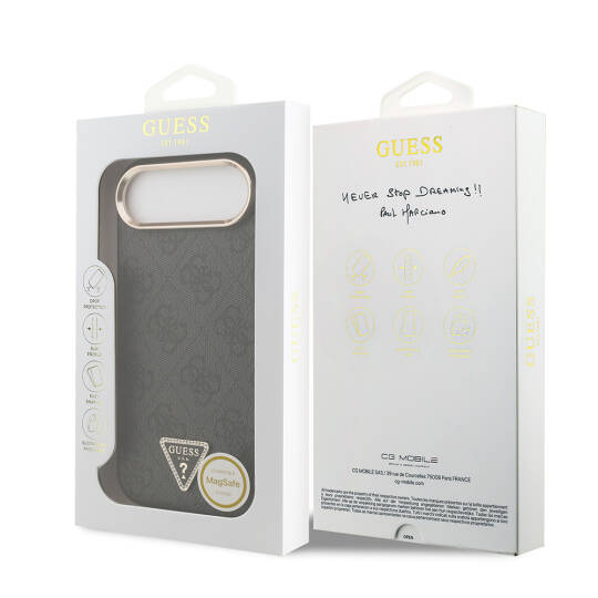 Apple iPhone 17 Air Kılıf Guess Orjinal Lisanslı M-safe Şarj Özellikli Gold Metal Kamera Çerçeveli Taşlı Üçgen Logo 4G Desenli Kapak - 11